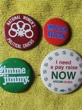 Vintage Political Pinback Buttons - Impeach Reagan, Gimme Jimmy Carter 70s